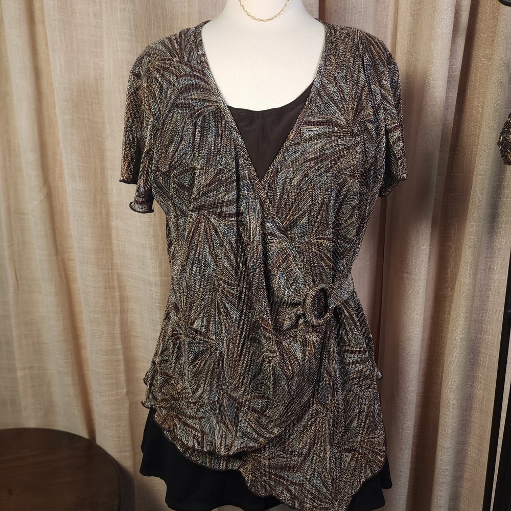 Y2K Dressbarn XL Abstract Faux Wrap Top O Ring Buckle Brown Whimsigoth